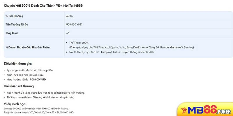 Khuyến Mãi 300% Dành Cho Thành Viên Mới Tại MB88 2 Khuyến Mãi 300% Dành Cho Thành Viên Mới Tại MB88